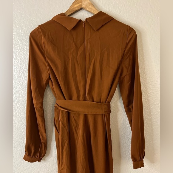 Sleek Impression Rust Brown Belted Collared Slim Leg Jumpsuit - Picture 5 of 9